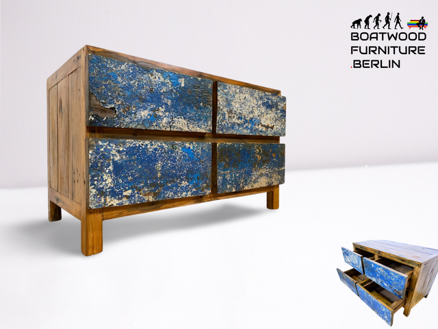 Boatwood by WMK I Besonders schönes Sideboard mit Schubladen in Blau I handmade Unikat aus altem Bootsholz I Teakholz massiv I Wäschekommode Schuladenkommode Lowboard Kommode TV Berlin Passau Rostock