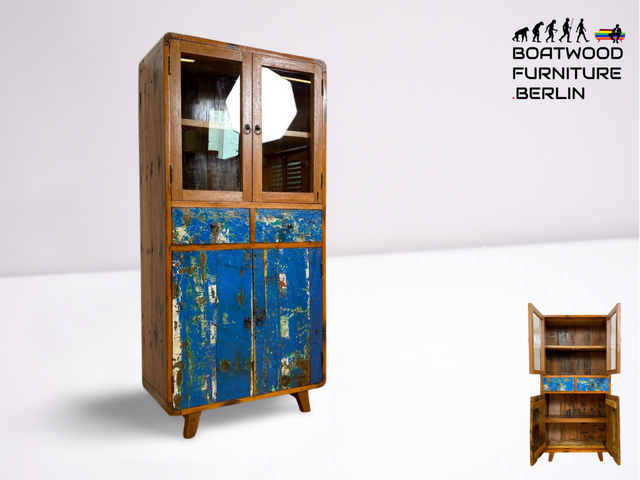 Boatwood by WMK # Einzigartige Vitrine aus altem Bootsholz, ein handgefertigtes Unikat aus massivem Teakholz # Regal Bücherregal Bücherschrank Highboard Geschirrschrank Küchenschrank Schrank Rostock