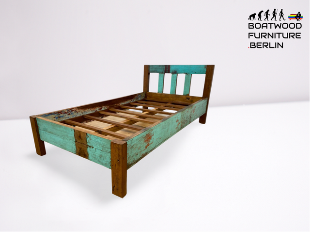 Boatwood by WMK # Schönes & nachhaltiges Einzelbett für Matratzen 100x200 aus altem Bootsholz, ein handgefertigtes Unikat aus massivem Teakholz # Bett Daybed Bed Loft Industrial Design Bootsmöbel Grün