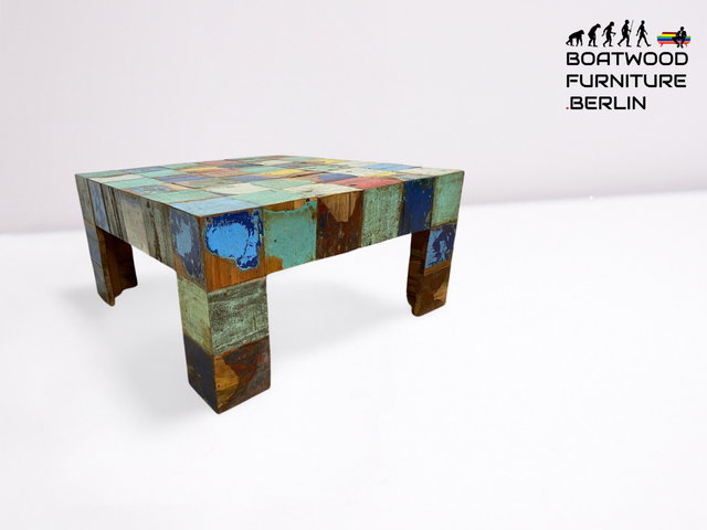 Boatwood by WMK I Einzigartiger Couchtisch aus altem Bootsholz, ein handgefertigtes Unikat aus massivem Teakholz in Originalfarben der Boote I bunter Wohnzimmertisch Sofatisch Coffee Table Bootsmöbel