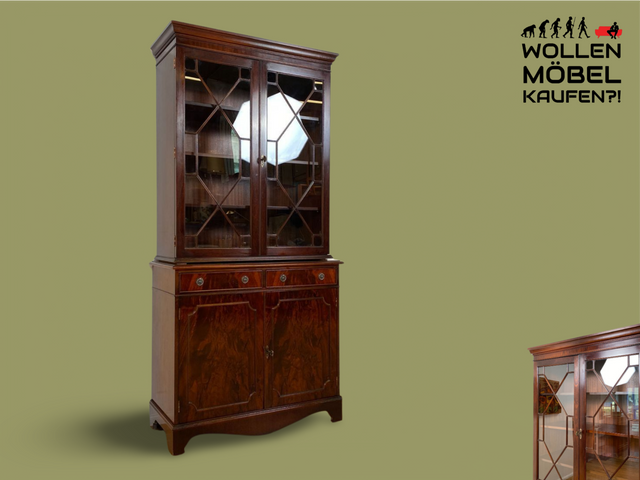 WMK # Feine dunkle Vitrine in antikem Englischen Stil in Mahagoni mit Sprossen Glastüren # Bücherschrank Büchervitrine Geschirrschrank Highboard Kommode Regency Empire Stilmöbel Vintage Berlin Leipzig
