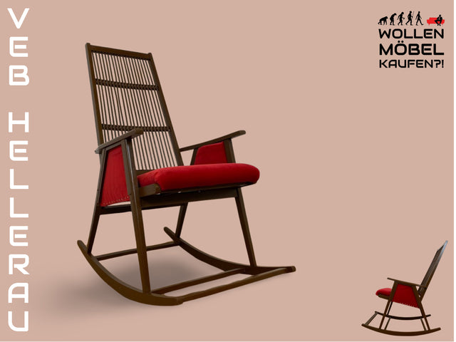 WMK # WMK Stilvoller und gut erhaltener Designer Schaukelstuhl von Selman Selmanagic für VEB Hellerau mit roter Polsterung # Stuhl Sessel Lesesessel Rocking Chair Mid-Century Retro DDR Vintage 60er