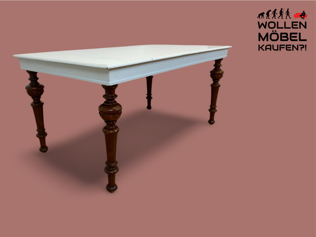 WMK I Imposanter Gründerzeit Esstisch , Vollholz, mit hellblau lackierter Tischplatte & gedrechselten Beinen I großer Esszimmertisch Tisch Tafel Dining Table Schreibtisch Antik Vintage Berlin NRW Bonn