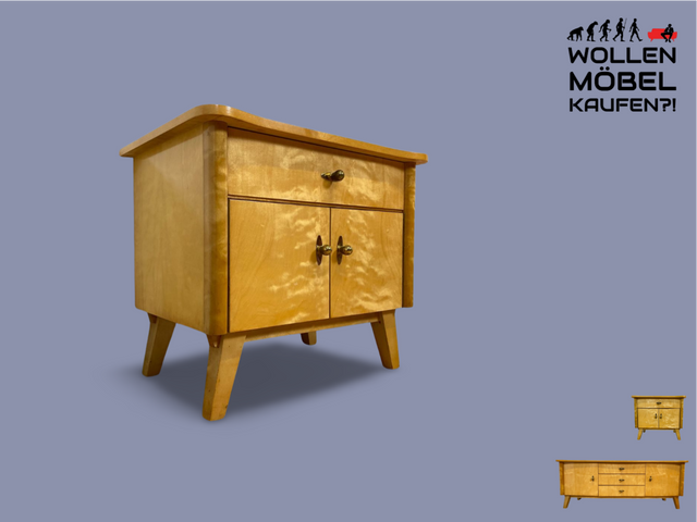 WMK I Formschöner heller Mid-Century Nachttisch aus vollem Holz mit Originalgriffen & Schublade I Nachtkommode Nachtschrank Nachtschränkchen Bedside Table Kommode Vintage 50er 60er Berlin Bayern Trier