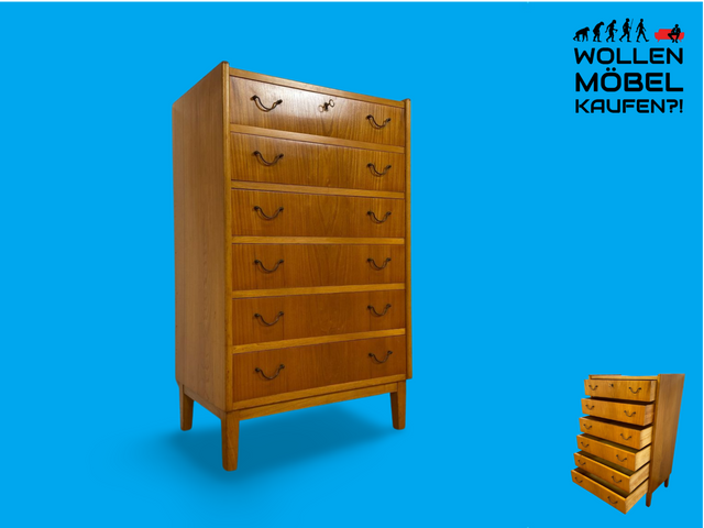 WMK Stilvolle und sehr gut erhaltene hohe skandinavische Mid-Century Kommode aus vollem Holz mit Schubladen & Messinggriffen # Schrank Highboard Sideboard Schubladenkommode Wäschekommode Chest Vintage