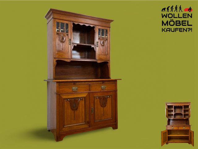 WMK I Wunderschöne Jugendstil Anrichte aus massiver Eiche mit Glastüren & Schubladen, um 1910 I Buffet Büfett Küchenanrichte Kredenz Geschirrschrank Küche Vitrine Schrank Vintage Antik Magdeburg Bonn