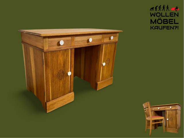WMK I Wunderschöner kleiner antiker Schreibtisch aus massiver Eiche, handverziert, Dänemark um 1910 I Sekretär Bureau Arbeitstisch Writing Desk Gründerzeit Jugendstil Vintage Berlin Brandenburg Leipzi