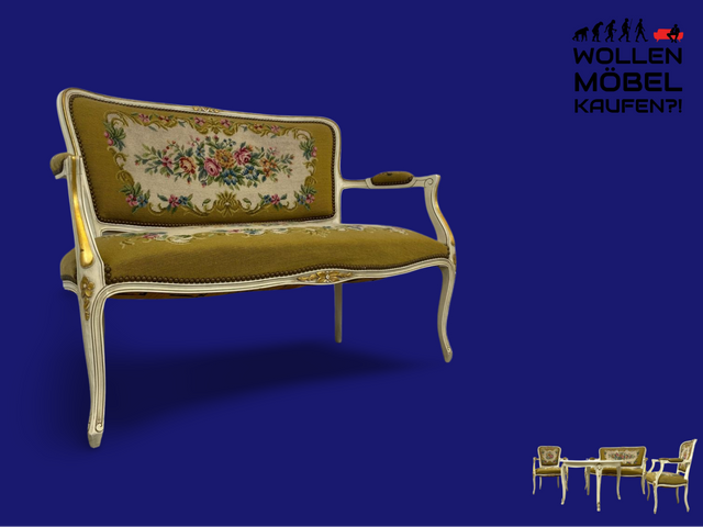 WMK# Elegantes kleines 2-Sitzer Sofa aus 1960ern im Stile des Louis XV mit weiß-goldem Holzrahmen, floralem Gobelin Bezug & Federkern I Couch Bank Sitzbank Sitzgarnitur Chippendale Stilmöbel Vintage