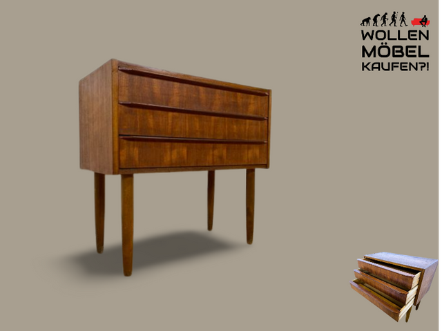 WMK I Stilvolle kleine skandinavische Mid-Century Kommode in Teak Holz mit Schubladen I Schränkchen Sideboard Lowboard Nachttisch Nachtkommode Wäsche Flur Danish Design Vintage Berlin Hamburg Leipzig