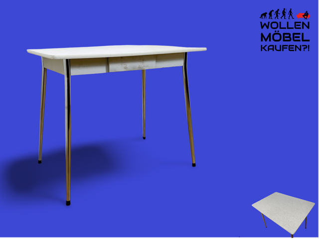 WMK # Schöner kleiner Space Age Küchentisch mit pflegeleichter weißer Resopal Tischplatte, Schublade und verchromten Tischfüßen I Tisch Esstisch Schreibtisch Retro Vintage 70er Berlin Leipzig Dortmund