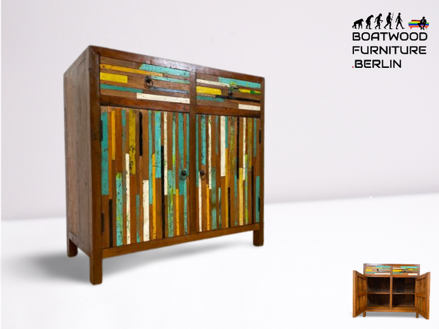 Boatwood by WMK I Detailreiche Kommode aus altem Bootsholz in Originalfarben I handgefertigtes Unikat aus massivem Teakholz I mit Schubladen I Schrank Sideboard Anrichte Flur Wäsche Wickel Bootsmöbel