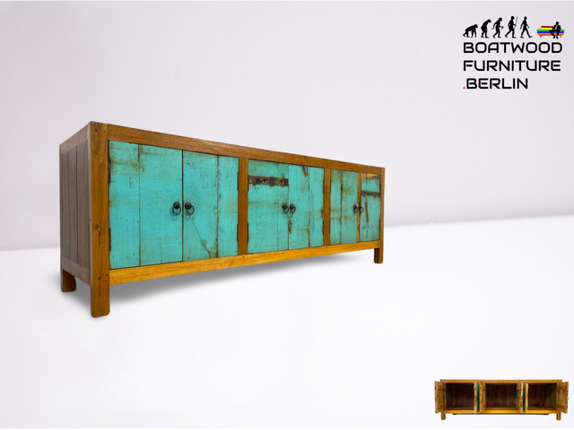 Boatwood by WMK # Schönes langes Sideboard in Meeresblau, ein aus altem Bootsholz handgefertigtes Unikat aus massivem Teakholz # Kommode Lowboard TV-Lowboard TV-Board TV-Bank Anrichte Bootsmöbel Teak