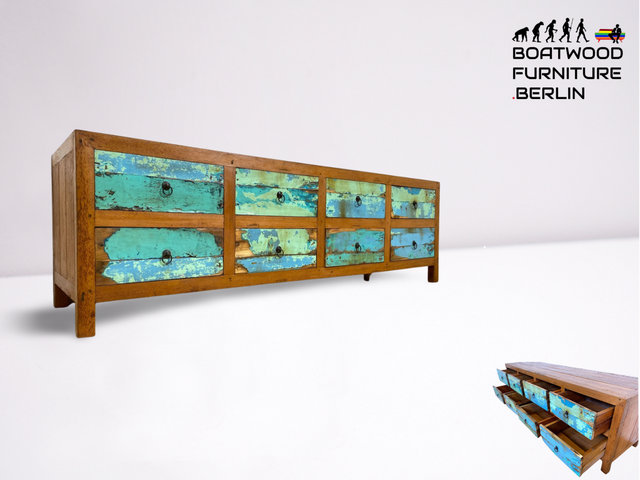 Boatwood by WMK # Meeresblaues 200cm langes Sideboard mit Schubladen I Handmade Unikat aus altem Bootsholz I Teakholz massiv # Schrank Anrichte Kommode TV-Lowboard TV-Bank Lowboard Loft Belin München