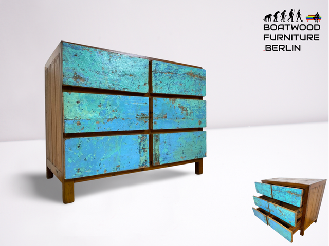 Boatwood by WMK # Meeresblaue Kommode mit Schubladen I Handmade Unikat aus altem Bootsholz I Teakholz massiv # Sideboard Schubladenkommode Wäschekommode Wickelkommode Anrichte Schrank NRW Kiel Rostock