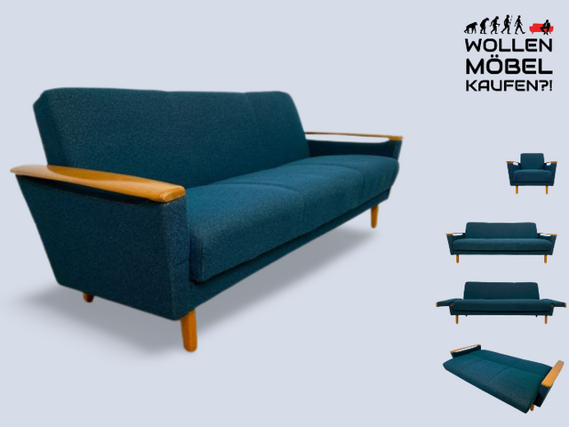 WMK I Stilvolles Mid-Century Klappsofa mit verstellb. Armlehnen, Bettwäschefach & petrol blauem Originalbezug I Sofa Couch 3-Sitzer 3er Daybed Sitzgarnitur Schlaf Klapp Retro Vintage 60er Berlin Köln