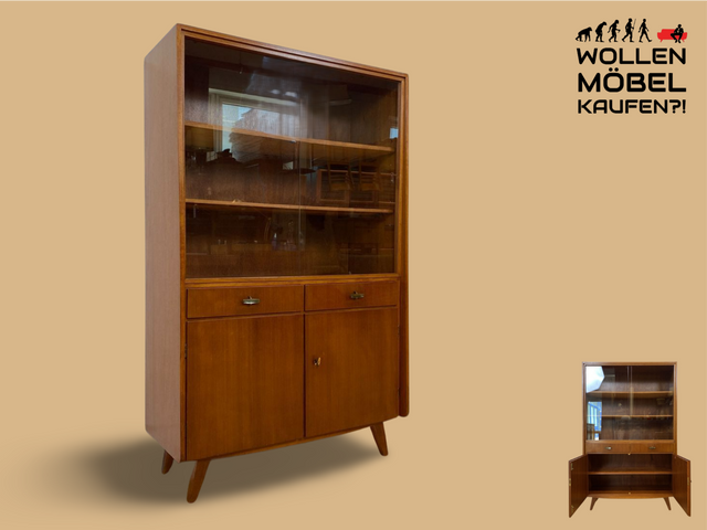 WMK I Hochwertige Mid-Century Vitrine von Musterring aus vollem Holz mit Schubladen & Messinggriffen I Highboard Bücherregal Büchervitrine Regal Kommode Sideboard 60er Vintage Berlin Bayern Stuttgart
