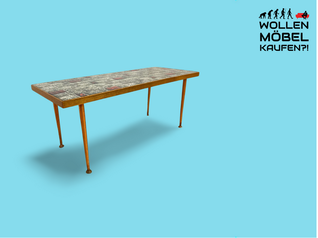 WMK # Kultige & gut erhaltene Mid-Century Blumenbank aus 1965 auf Metallfüßen mit pflegeleichten & kunstvollen Fliesen # Blumentisch Couchtisch Beistelltisch Nierentisch Fliesentisch Vintage DDR 60er