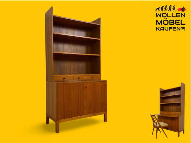 WMK # Stilvoller skandinavischer Mid-Century Bücherschrank in Teakholz mit auszieh. Schreibfläche & verstell. Regalböden # Bücherregal Regal Sekretär Highboard Sideboard Kommode Danish Design Vintage