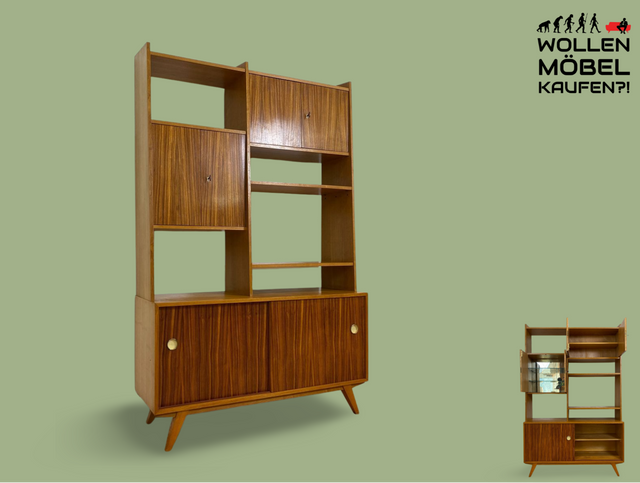 WMK # Stilvolles, minimalistisches Mid-Century Highboard mit verspiegelter Bar & Schiebetüren # Wohnzimmerschrank Sideboard Schrankwand Barschrank Regal Bücherregal Bücherschrank Kommode Vintage 60er