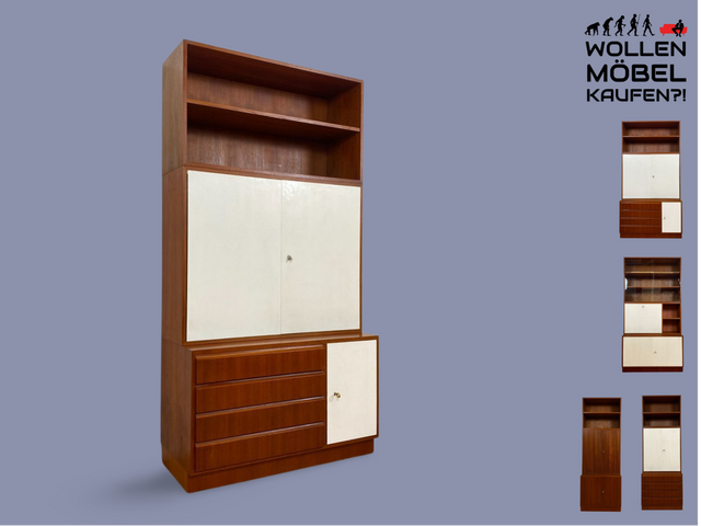 WMK # Stilvolles modulares Mid-Century Highboard, Vollholz in Teak, mit Schubladen & späterer weißer Lackierung # Schrank Bücherschrank Regalwand Schrankwand Regal Sideboard Kommode Teakholz Vintage
