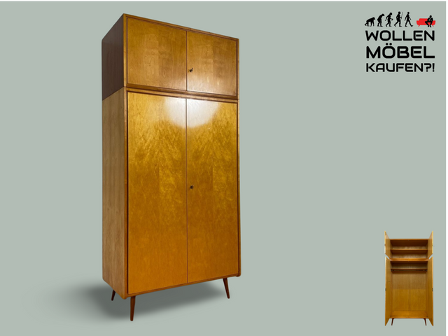 WMK # Raumaufhellender und gut erhaltener Mid-Century Kleiderschrank aus 1964 in Buche und Birke mit Aufsatz # Schrank Wäscheschrank Wardrobe Schlafzimmerschrank Aufsatzschrank DDR Vintage 60er Retro