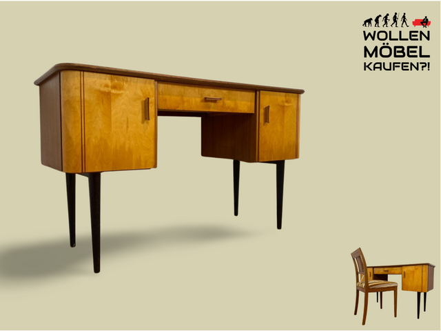 WMK Formschöner kleiner Mid-Century Schreibtisch Modell Dominia von VEB Heidenau mit Schubladen # Desk Arbeitstisch Sekretär Schminktisch Frisiertisch Kinderschreibtisch 50er 60er Rockabilly Vintage