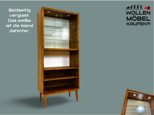 WMK I Außergewöhnliche Mid-Century Vitrine aus Kiefernholz mit Glasböden und Beleuchtung I Raumtrenner Highboard Regal Bücherregal Glasvitrine Büchervitrine Bücherschrank 60er Vintage Berlin NRW Jena