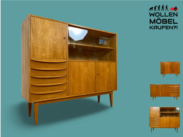 WMK I Stilvoller Mid-Century Wohnzimmerschrank in Eiche aus 1967, bauähnlich mit 602 von Franz Ehrlich für VEB Hellerau I Vitrine Schrank Sideboard Anrichte Vintage DDR Berlin Dresden Bayern Frankfurt