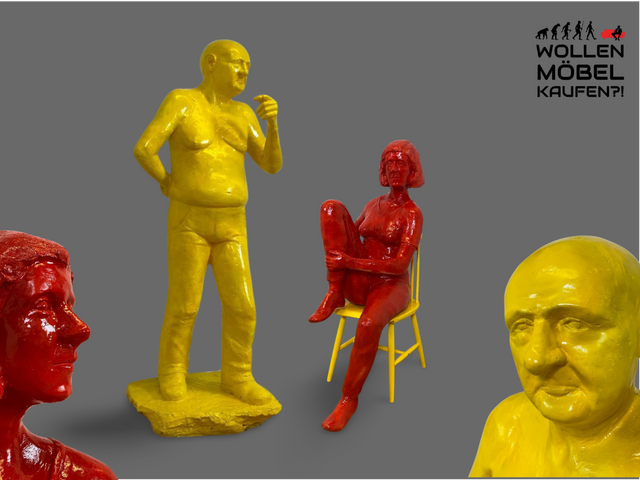 WMK Art # 1/2 Moderne Gipskunst in Lebensgröße - 2 ausdrucksstarke Skulpturen mit Charakter zwischen Pop und Nachdenklichkeit # Statuen Gibsfigur Kunstobjekt Kunstwerk Kunst Loft Dekoration Menschen