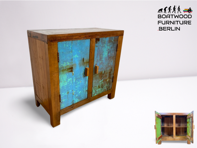 Boatwood by WMK I Meeresblaue & nachhaltige Kommode aus altem Bootsholz, ein handgefertigtes Unikat aus massivem Teakholz I Schrank Sideboard Anrichte Wäschekommode Wickelkommode Schuhschrank Cabinet