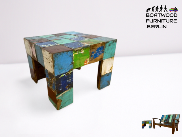 Boatwood by WMK I 100% nachhaltiger Couchtisch aus altem Bootsholz I handgefertigt aus Teakholz massiv I für In & Outdoor I bunter Wohnzimmertisch Beistelltisch Sofatisch Coffee Table Würfel Treibholz