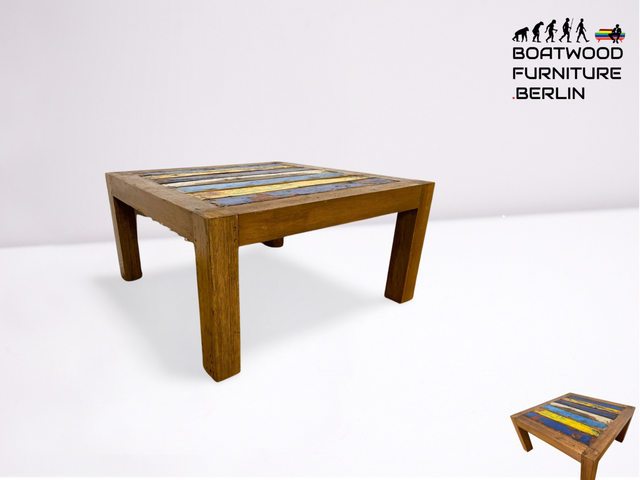 Boatwood by WMK # Besonderer Couchtisch (80x80cm) aus altem Bootsholz, ein handgefertigtes Unikat aus massivem Teakholz in Originalfarben der Boote # Sofatisch Wohnzimmertisch Coffee Table Bootsmöbel