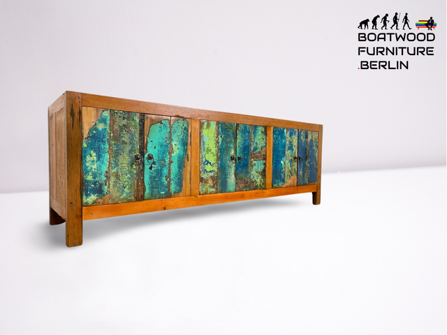 Boatwood by WMK # Nachhaltiges 180cm langes Sideboard aus altem Bootsholz, ein handgefertigtes Unikat aus massivem Teakholz # Kommode Lowboard TV Bank Board Anrichte Bootsmöbel Rostock Hamburg Usedom