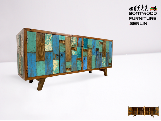Boatwood by WMK # Bunterschönes & nachhaltiges Sideboard aus altem Bootsholz, ein handgefertigtes Unikat aus massivem Teakholz # Kommode Anrichte TV-Bank TV-Lowboard Fernsehkommode Bootsmöbel Teak
