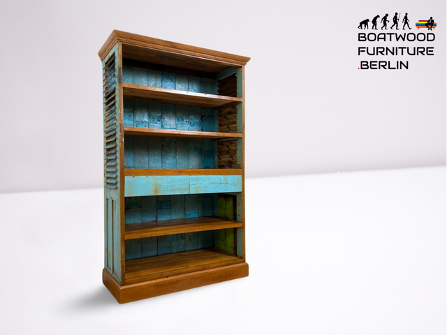 Boatwood by WMK # Wunderschönes Regal mit Schubladen, ein aus altem Bootsholz & alten Lamellen Türen handgefertigtes Unikat # Bücherregal Bücherschrank Highboard Holzregal Küchenregal Treibholz Teak