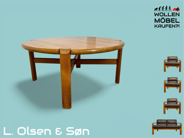 WMK # Rarer & gut erhaltener runder skandinavischer Mid-Century Designercouchtisch von L. Olsen & Søn Møbelfabrik aus massivem Teakholz # Wohnzimmertisch Round Coffee Table Danish Design Vintage Teak