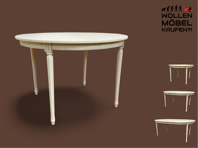 WMK # Eleganter runder skandinavischer Esstisch im gustavinischen StiI , 2-fach ausziehbar I weißer ovaler Esszimmertisch Küchentisch Holztisch Dining Table Landhaus Vintage Berlin Dresden Stuttgart