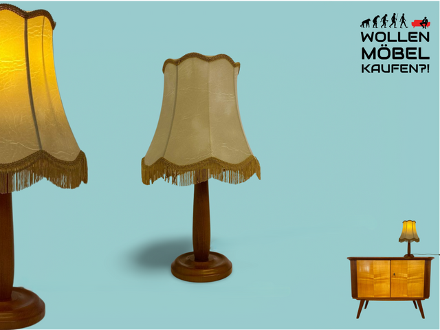 WMK # Hübsche und gut erhaltene Retro Tischlampe im antiken Stil mit schönem Lampenfuß aus Holz, Kunstleder Lampenschirm & Fransen # Lampe Tischleuchte Leuchte Leselampe Schreibtischlampe Lamp Vintage