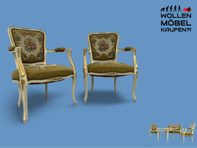 WMK# 1/2 Eleganter Sessel aus 1960ern im Rokoko Stil mit weiß-goldem Holzrahmen, floralem Gobelin Bezug & Federkern I Armlehnstuhl Stuhl Armchair Sitzgarnitur Chippendale Stilmöbel Louis XV Vintage