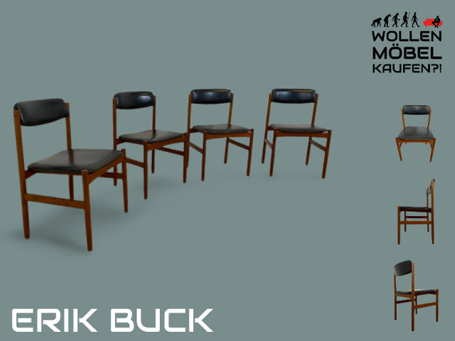 WMK I Set aus 4 stilvollen skandinavischen Designer Stühlen von Erik Buck aus Teakholz mit schwarzem Kunst Leder Bezug I Esszimmerstühle Küchenstühle Holzstühle Chairs Danish Design Vintage Skai Teak