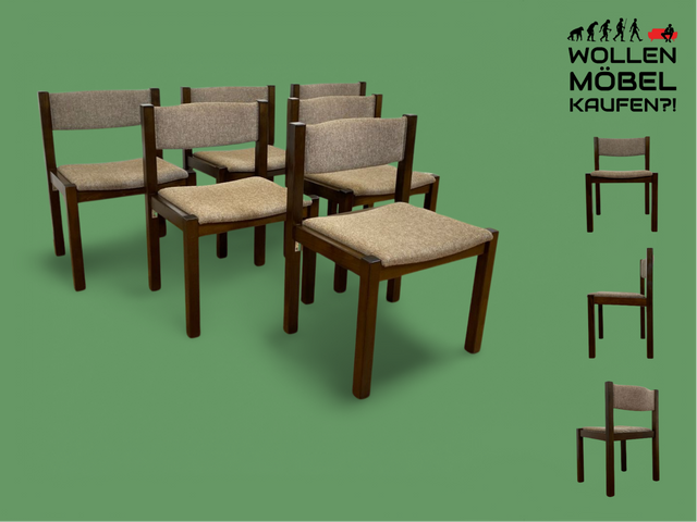 WMK # Set aus 6 stilvollen skandinavischen Vintage Esszimmerstühlen mit braunem Holzgestell und hochwertigem grauem Wollbezug I Stühle Küchenstühle Holzstühle Dining Chairs 70er 80er Berlin Jena Bonn