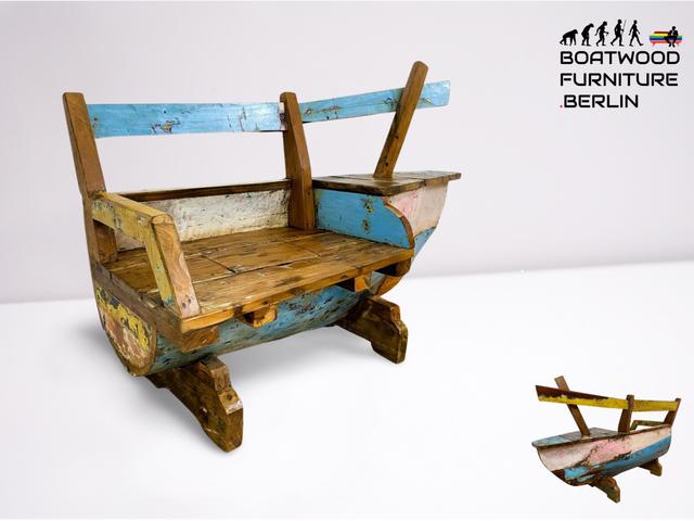 Boatwood by WMK # Einzigartige Sitzbank aus altem Boot , ein handgefertigtes Unikat in Originalfarbe mit Staufächern # Bank Holzbank Sofa Couch Flurbank Küchenbank Einbaum Bootsmöbel Balkonmöbel Bench