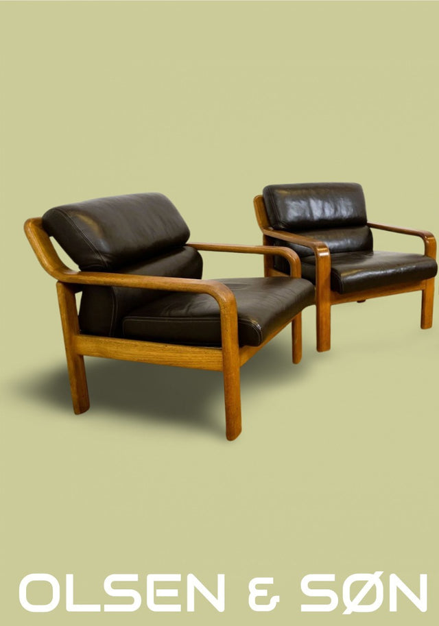 WMK # 1/2 Stilvoller skandinavisches Mid-Century Designersessel von L. Olsen & Søn Møbelfabrik mit Echtleder Bezug & Teakholz Rahmen # Sessel Armchair Sitzgarnitur Danish Design Vintage Teak Leather