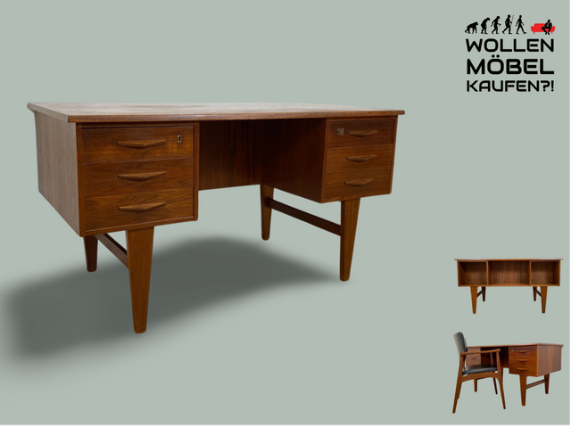 WMK I Stilvoller skandinavischer Mid-Century Schreibtisch in Teakholz , freistellend, mit Regal Rückseite I Desk Cheftisch Bürotisch Bureau Danish Design Vintage 50er 60er Teak Berlin Hamburg München