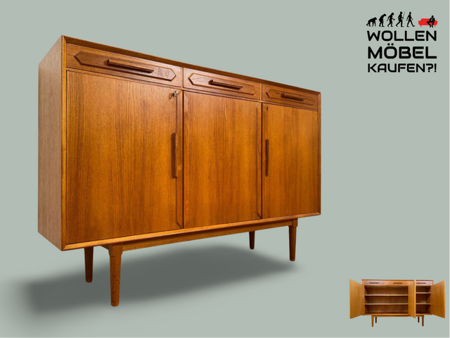 WMK I Hochwertiges & sehr gut erhaltenes skandinavisches Mid-Century Highboard mit Schubladen, Vollholz in Teak I Sideboard Kommode Schrank Anrichte Danish Design Vintage 60er Hamburg München Teakholz