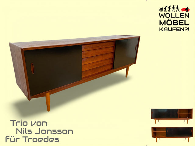 WMK I Sehr frühes skandinavisches Mid-Century Designer Sideboard "Trio" von Nils Jonsson für Troedes mit Schiebetüren , Vollholz in Teak # Kommode Lowboard TV Bank Danish Design Teakholz Vintage 50er