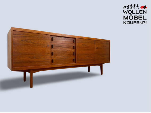 WMK I Stilvolles skandinavisches Mid-Century Sideboard , Vollholz in Teak, mit Schubladen & Palisander Griffen # Kommode Schrank Anrichte TV Bank Lowboard Danish Design Vintage Teakholz Berlin Dresden