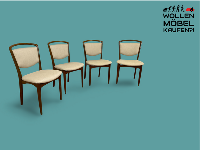 WMK # Set aus 4 formschönen, gemütlichen & sehr gut erhaltenen skandinavischen 50er Jahre Stühlen mit beigem Sitzbezug # Esszimmerstühle Küchenstühle Holzstühle Polsterstühle Mid-Century Vintage 4er