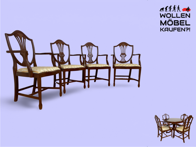 WMK I Set aus 4 eleganten Esszimmerstühlen in englischem Stil mit Armlehnen und hochwertigem Sitzbezug I Stühle Armlehnstühle Küchenstühle Holzstühle Regency Empire Vintage Möbel Berlin Leipzig Bremen