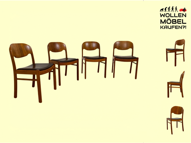 WMK # Set aus 4 stilvollen skandinavischen Mid-Century Stühlen aus massivem Teakholz mit braunem Skai Bezug mit Patina # Esszimmerstühle Küchenstühle Dining Chairs Danish Design Leder Vintage Teak